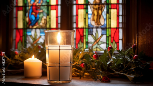 Candlemas Day Reflection: Create a reflective image of a candle placed near a window, symbolizing the introspective and contemplative aspects of Candlemas Day photo