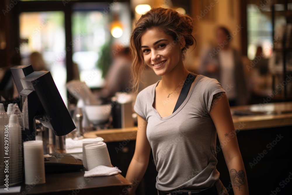 eautiful female cashier standing at counter working with cash register in coffee shop