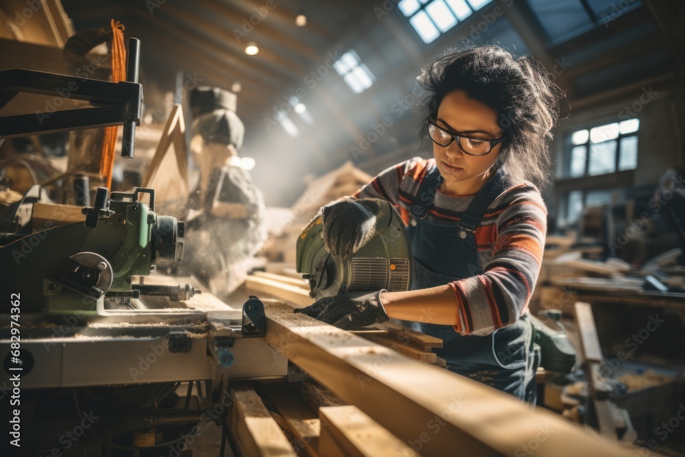 Beautiful Latin woman carpenter using power tools working her wood job Beautiful Latin woman carpenter using power tools working her wood job
