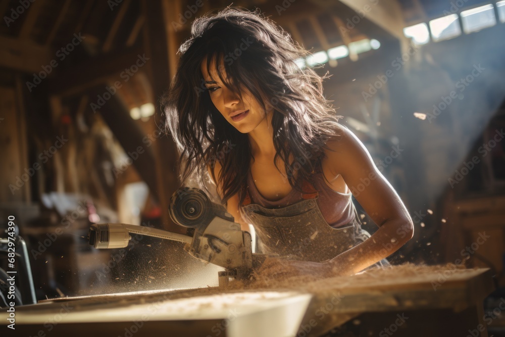 Beautiful Latin woman carpenter using power tools working her wood job Beautiful Latin woman carpenter using power tools working her wood job