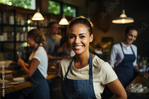 eautiful female cashier standing at counter working with cash register in coffee shop photo
