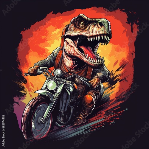 Dinosaur driving a motorcycle in the summer