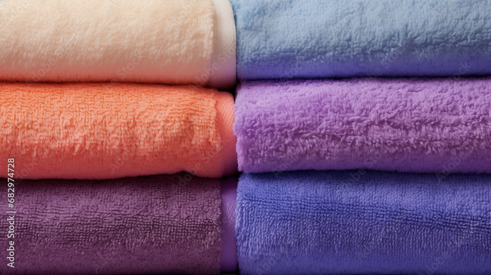 Six soft, folded terrycloth towels in distinct yet complimentary colors - obrazy, fototapety, plakaty 