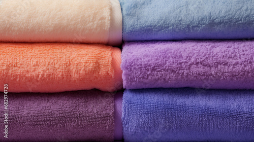Six soft, folded terrycloth towels in distinct yet complimentary colors photo