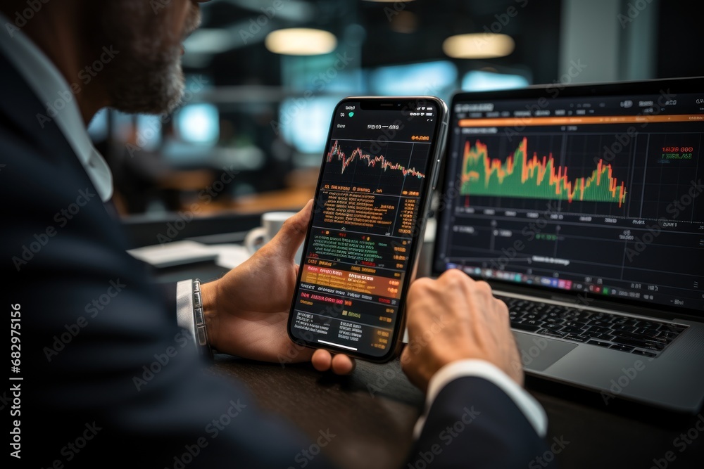 Crypto trader investor broker holding finger using cell phone app executing financial stock trade market trading - obrazy, fototapety, plakaty 