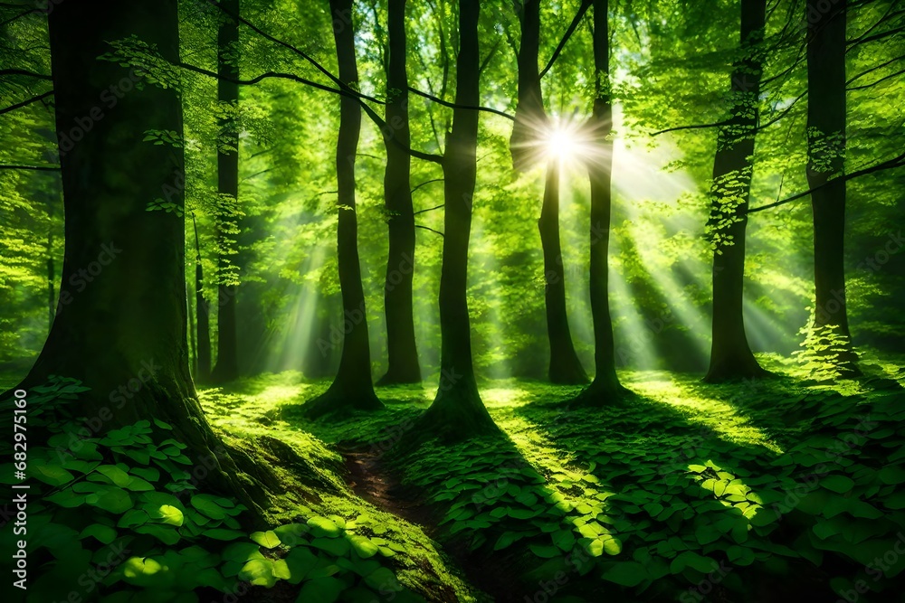 Sunlight filtering through the fresh green leaves of the spring forest, creating a magical play of light and shadow.