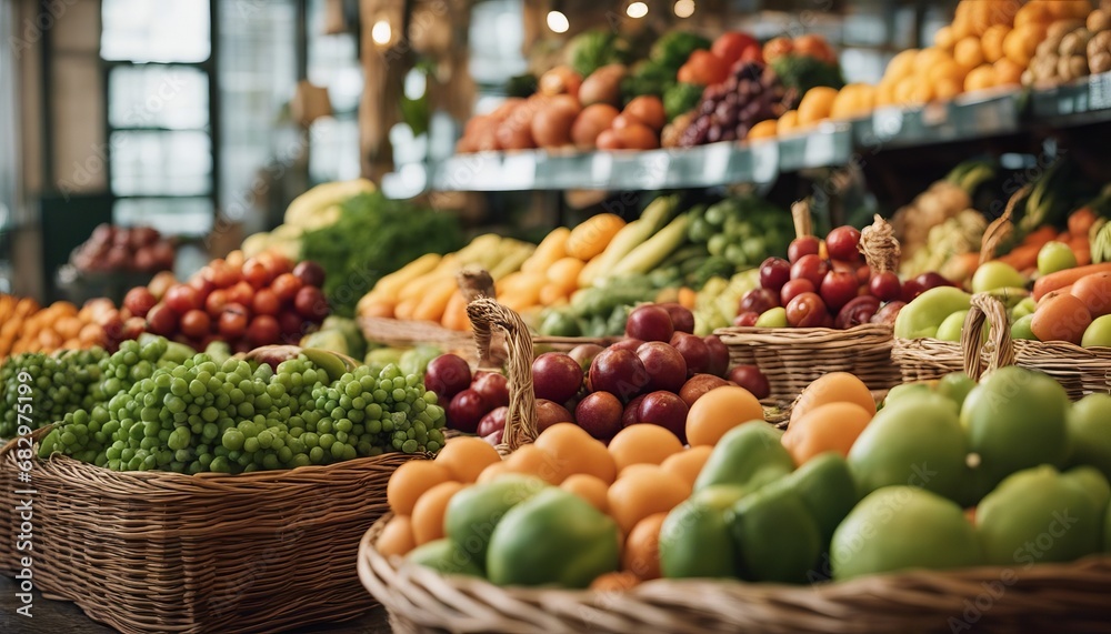 vegetables and fruits in wicker baskets in greengrocery