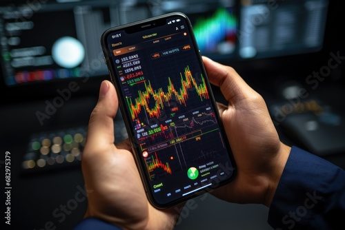 Crypto trader investor broker holding finger using cell phone app executing financial stock trade market trading