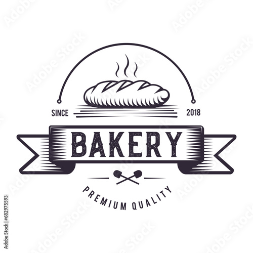 Bakery , classic badge logo design, bread emblem vintage symbol. food industry hand drawing mark art, Black color.