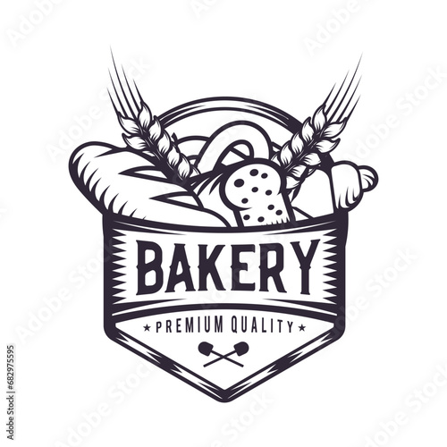 Bakery , classic badge logo design, bread emblem vintage symbol. food industry hand drawing mark art, Black color.