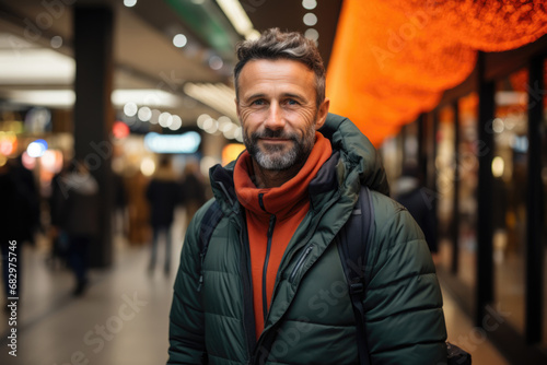 Portrait of middle age man in winter jacket, in the shopping mall