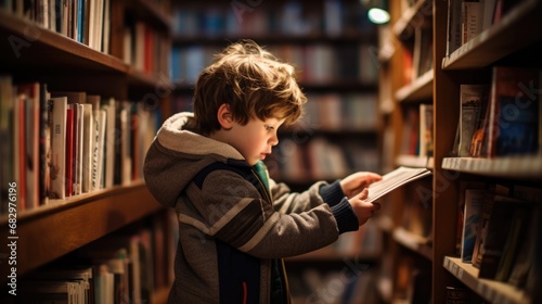 A young child in sweater selects a book from shelves in a library, the essence of early education and the joy of reading captured in his focus. Ai generated