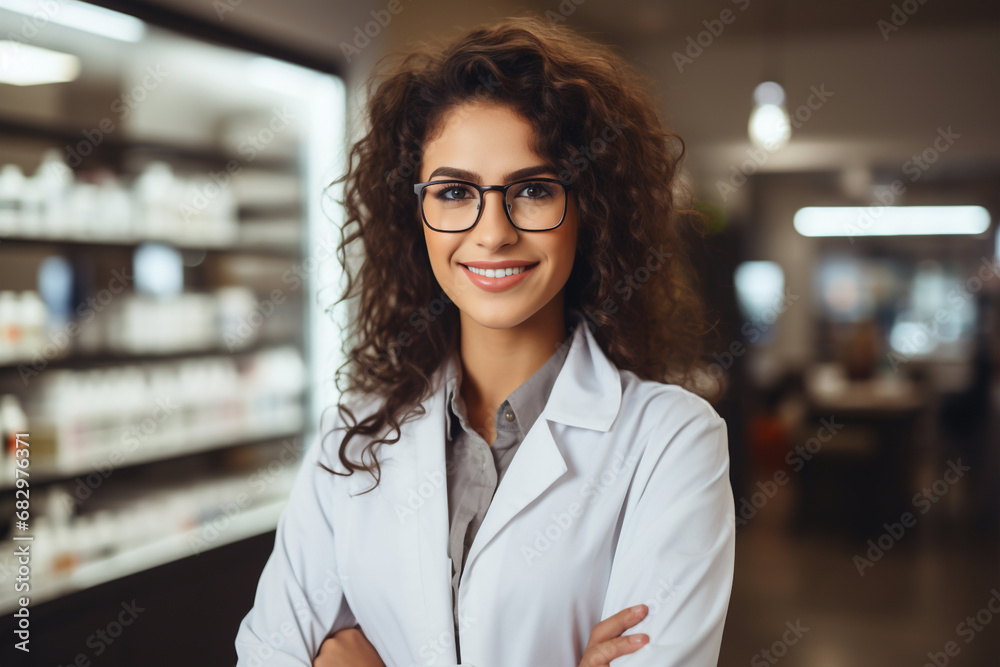 Health care concept. Portrait of smiling friendly young female professional pharmacist in brown shirt in lab white coat standing in pharmacy shop or drugstore in front of shelf with medicines