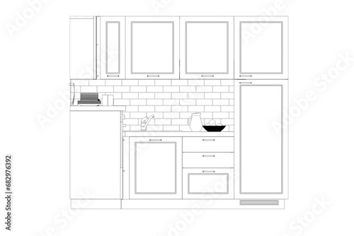 Kitchen interior furniture isolated on transparent background, outline illustration, sketch