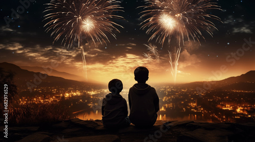 Silhouette of children watching a fireworks festival, generative ai