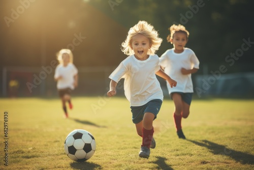 Kids play football on outdoor field. Children score a goal at soccer game. © sirisakboakaew