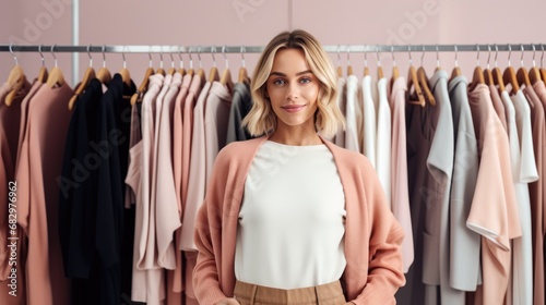 A stylish woman in a sweater and chic admires a selection of trendy and colorful garments in a boutique. Ai generated
