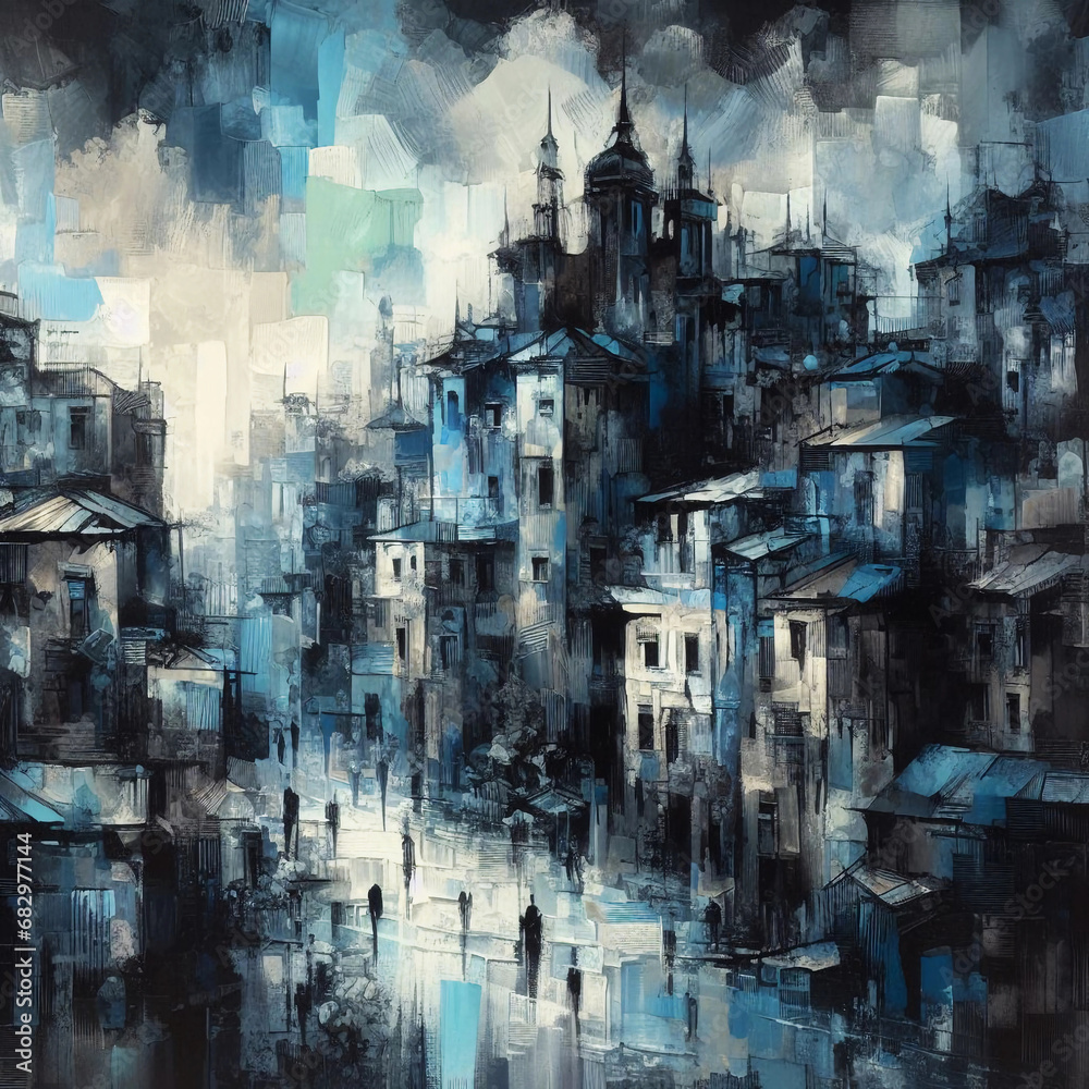 Night rain in the street, Oil painting artistic image. Generative AI.
