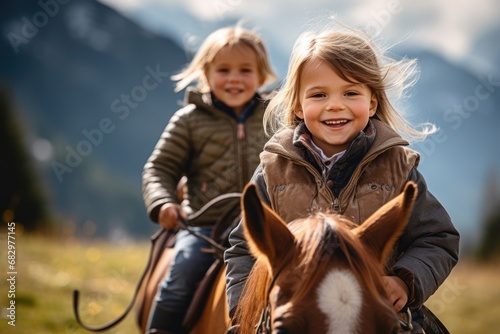 Kids riding pony in the Alps mountains.