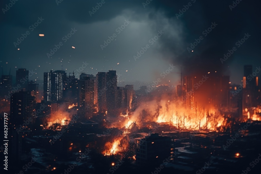 A city engulfed in flames and billowing smoke. Suitable for illustrating disasters, urban chaos, or climate change.