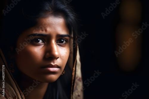 Portrait of a crying beautiful young Indian woman, AI