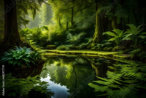 A tranquil pond surrounded by vibrant ferns  their lush greenery reflecting in the still waters on a peaceful spring morning.