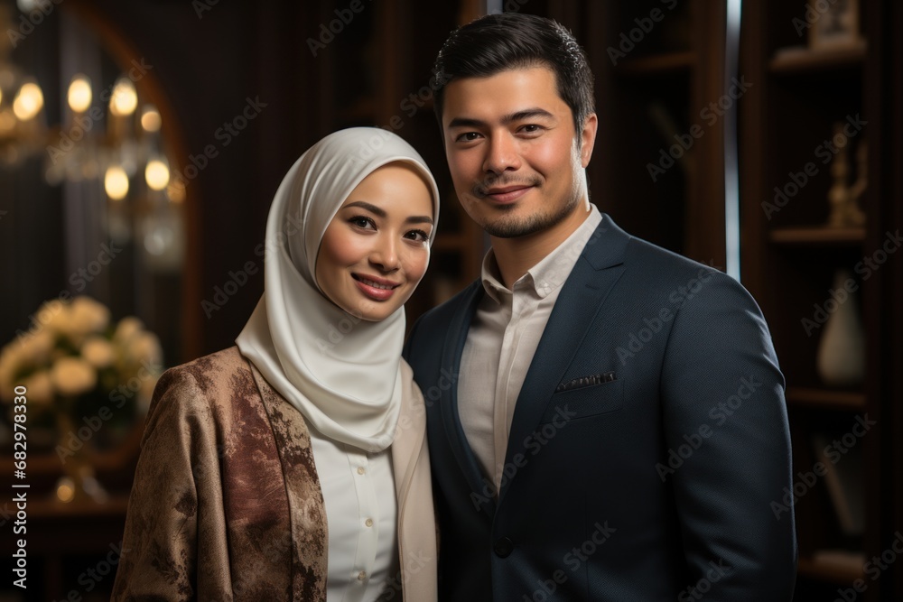 muslim couple with greeting gesture looking at the camera and smile muslim couple with greeting gesture looking at the camera and smile