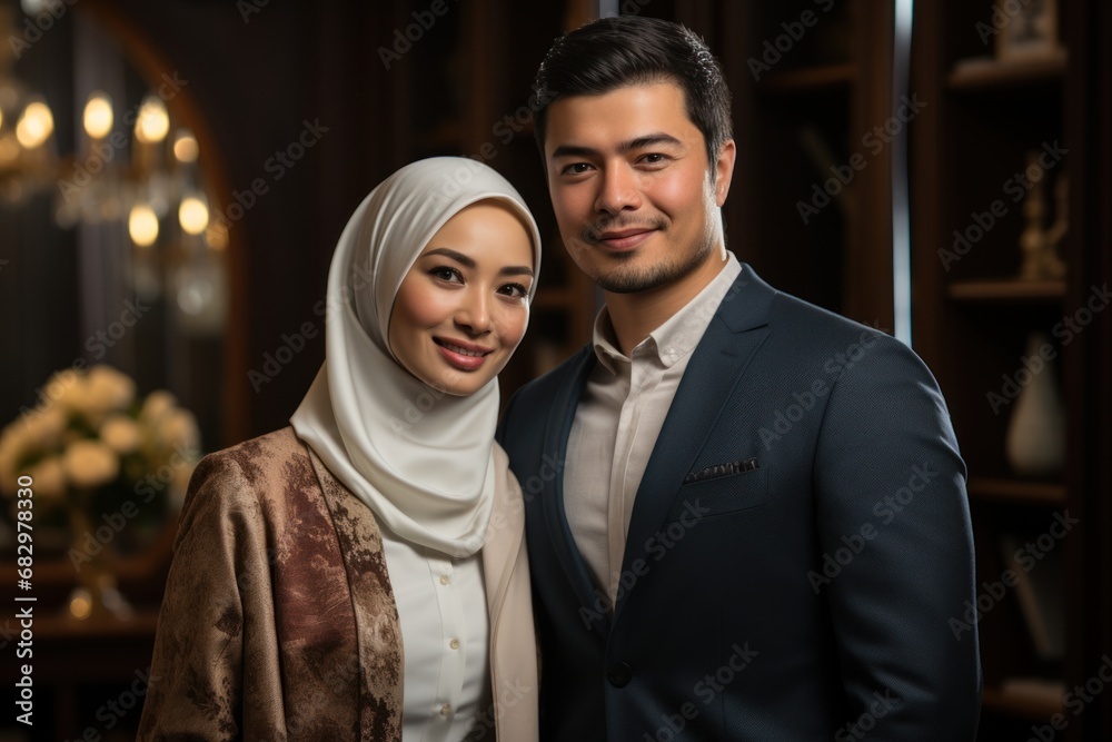 muslim couple with greeting gesture looking at the camera and smile