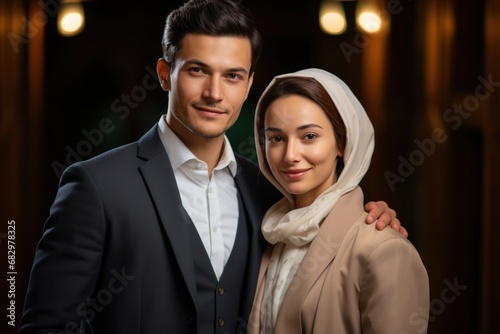 muslim couple with greeting gesture looking at the camera and smile