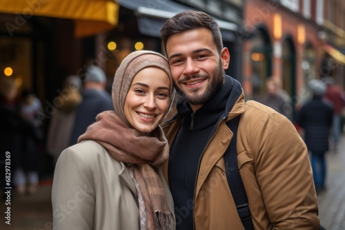 muslim couple with greeting gesture looking at the camera and smile © sirisakboakaew