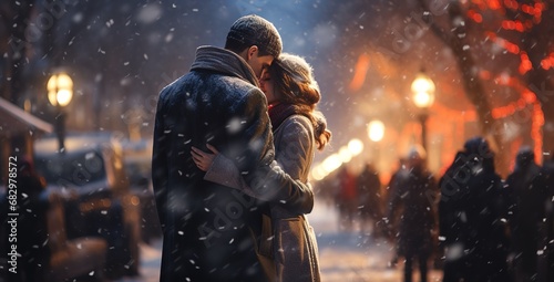 Winter romance: a couple of lovers at night on a snowy city street