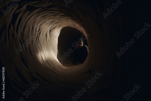 A man is seen standing inside of a tunnel in the dark. This image can be used to depict themes of mystery, exploration, or introspection.