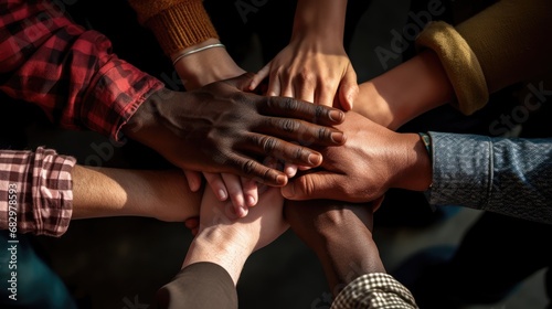 Diverse hands come together in unity, symbolizing teamwork and solidarity. A powerful image of cooperation and mutual support among individuals of different backgrounds.Ai generated