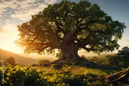 A captivating image of a large tree positioned on top of a lush green field. 