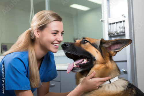 Young caucasian female veterinarian caring for a German shepherd dog inside her veterinary clinic. Animal and pet care.