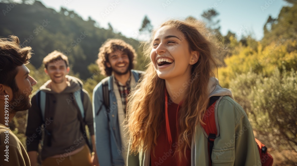 A group of teenagers hiking and enjoying nature, a group of young friends exploring the great outdoors in the mountains, embracing an active lifestyle in nature.Ai generated