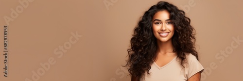 A Beautiful Latina Woman standing against a Beige Background - Girl Backdrop with Empty Copy Space for Text and Advertising - Latina Beauty Wallpaper created with Generative AI Technology
