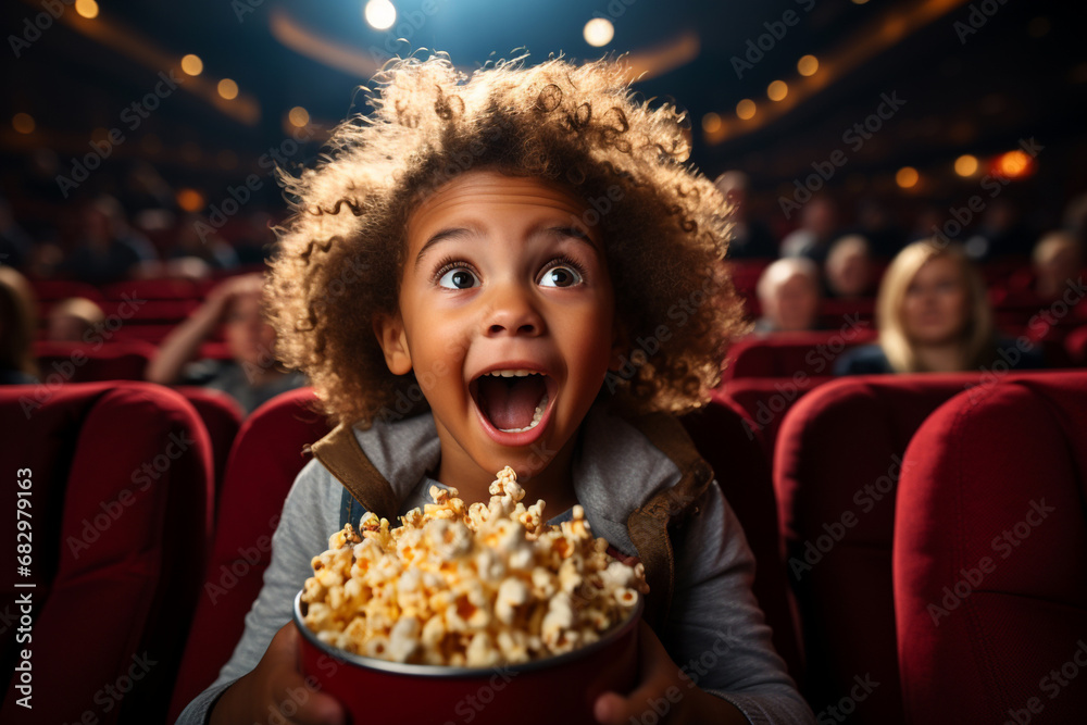 African-American toddler boy impressed with mouth wide open. Enjoy watching horror movie or thriller in the cinema hall. Bright facial expression, human emotions first time in cinema concept - obrazy, fototapety, plakaty 