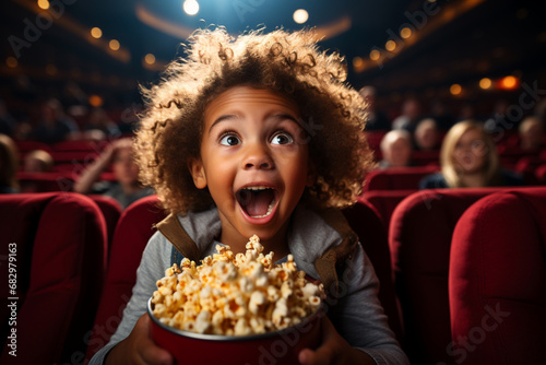 African-American toddler boy impressed with mouth wide open. Enjoy watching horror movie or thriller in the cinema hall. Bright facial expression, human emotions first time in cinema concept photo