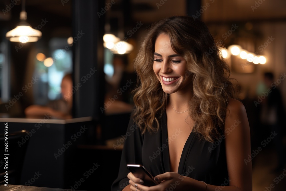 Positive emotions. Lifestyle concept. Close up of young charming dark-haired caucasian woman in black dress smiling Positive emotions. Lifestyle concept. Close up of young charming dark-haired caucasian woman in black dress smiling