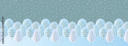 Winter landscap with cute trees in snow, banner with winter forest and snowfall.