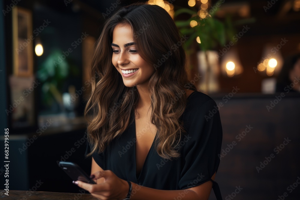 Positive emotions. Lifestyle concept. Close up of young charming dark-haired caucasian woman in black dress smiling - obrazy, fototapety, plakaty 