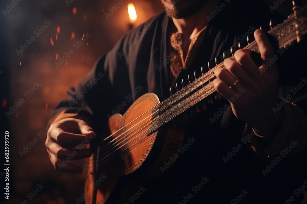Fototapeta premium A man is seen playing a guitar in a dimly lit room. This image can be used to depict a musician practicing or performing in a moody setting.