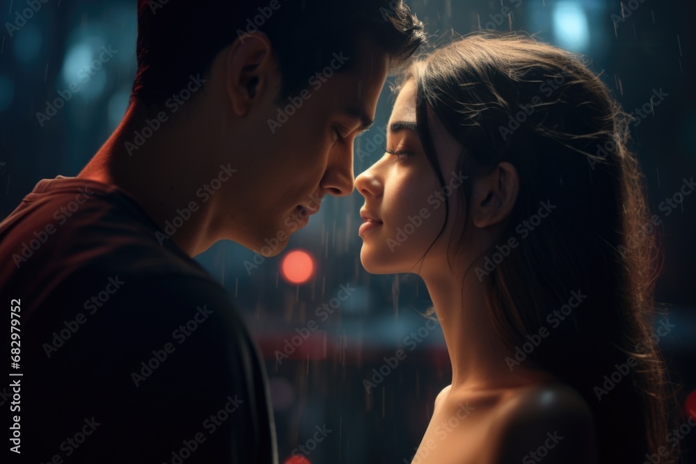 A picture of a man and a woman standing together in the rain. This image can be used to depict a romantic scene or to illustrate the concept of unity and support in difficult times.