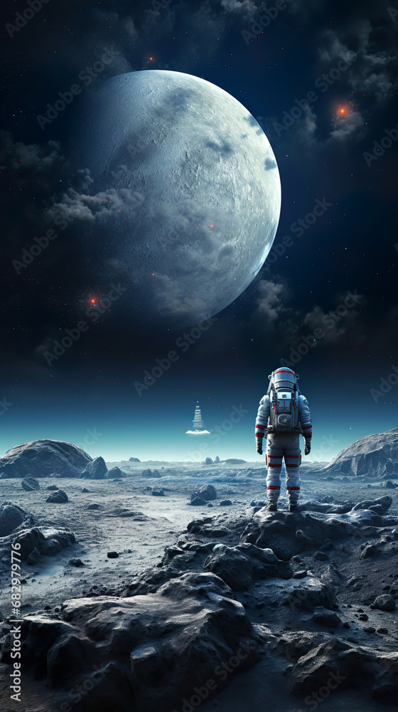 astronaut in front of a planet standing in a surface. Generative Ai astronaut in front of a planet standing in a surface. Generative Ai