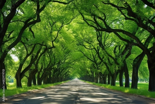 A picture of a road lined with numerous green trees. Suitable for nature, landscape, and travel themes. photo