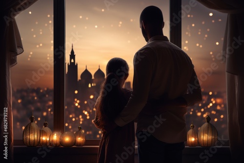 Ramadan Kareem greeting. Family at window looking at Islamic city with mosque skyline, crescent moon and stars.