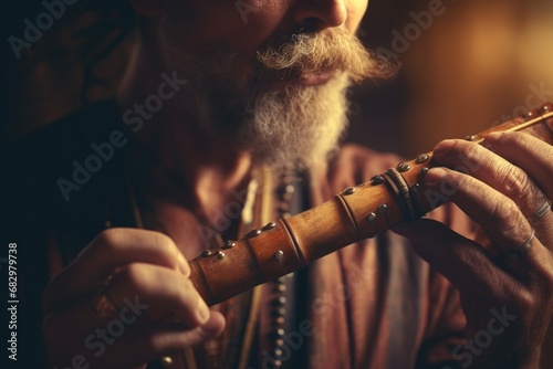 A picture of a man with a long beard playing a flute. This image can be used to depict a musician or a performer playing a musical instrument. photo