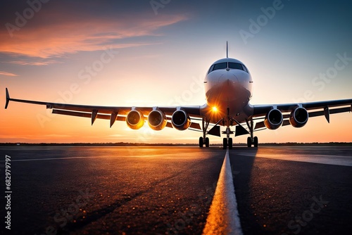 Passenger plane against sunset background. Generative AI. photo