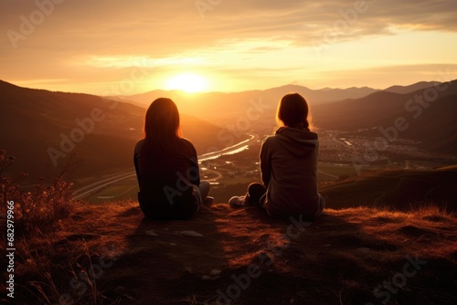 Two women sitting on a hill  enjoying the view of a beautiful sunset. Perfect for travel  friendship  and relaxation concepts.